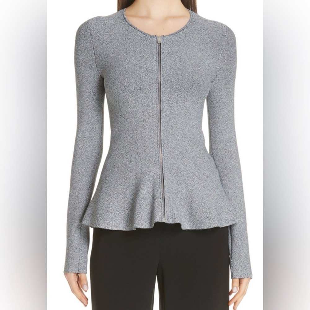 Theory Grey Zip-Front Peplum Long-Sleeve Top, Size L